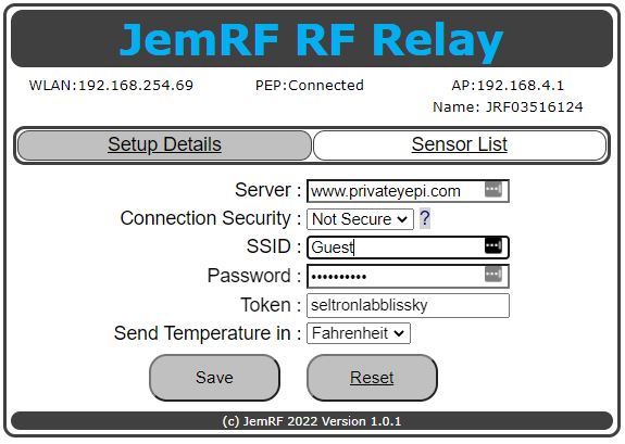 WiFi RF Relay Setup Page